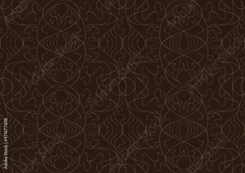 Hand-drawn unique abstract symmetrical seamless ornament. Light semi transparent brown on a dark brown background. Paper texture. Digital artwork, A4. (pattern: p02-1b)