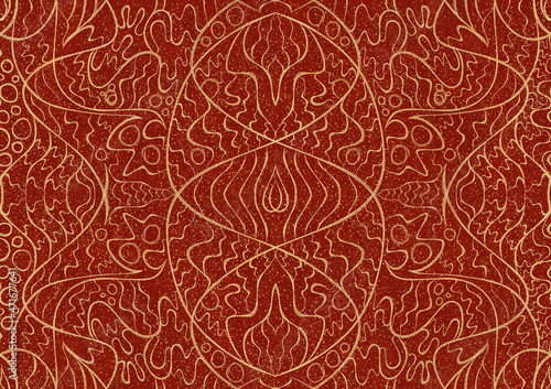 Hand-drawn unique abstract symmetrical seamless gold ornament with splatters of golden glitter on a bright red background. Paper texture. Digital artwork, A4. (pattern: p02-2a) © Maria