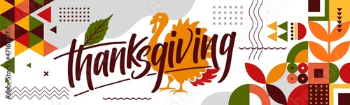 happy thanksgiving festival banner design with typography, turkey bird and abstract colorful geometric shapes and retro background. Vector illustration