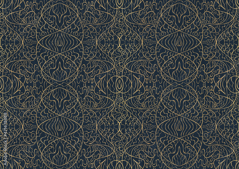 Hand-drawn unique abstract symmetrical seamless gold ornament on a deep blue background. Paper texture. Digital artwork, A4. (pattern: p02-2b)