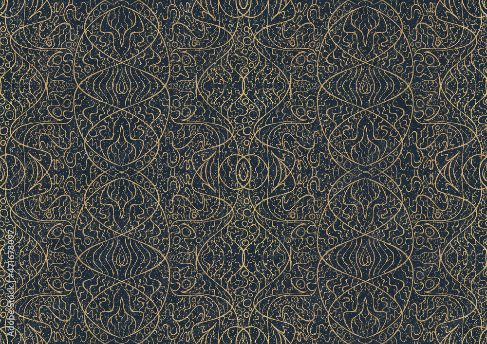 Hand-drawn unique abstract symmetrical seamless gold ornament with splatters of golden glitter on a deep blue background. Paper texture. Digital artwork, A4. (pattern: p02-2b)