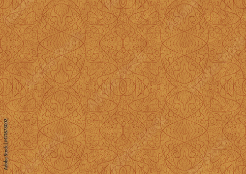 Hand-drawn unique abstract symmetrical seamless ornament. Light red on a yellow background. Paper texture. Digital artwork, A4. (pattern: p02-2b)