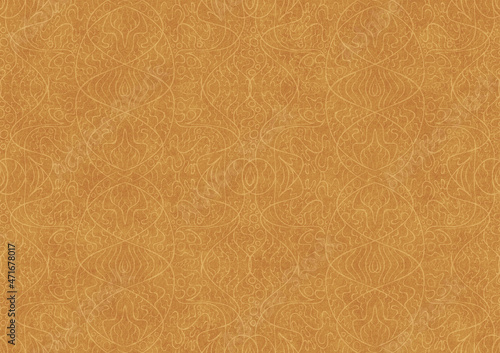 Hand-drawn unique abstract symmetrical seamless ornament. Light yellow on a darker yellow background, paper texture. Digital artwork, A4. (pattern: p02-2b)