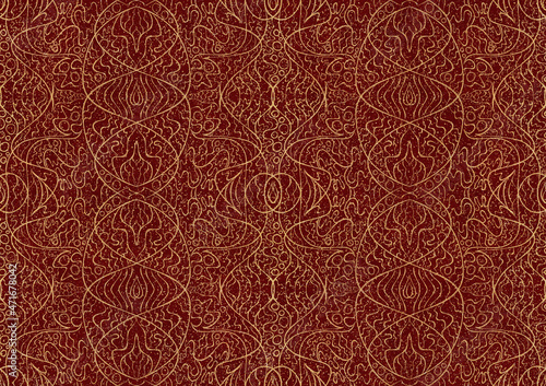Hand-drawn unique abstract symmetrical seamless gold ornament with splatters of golden glitter on a deep red background. Paper texture. Digital artwork, A4. (pattern: p02-2b)