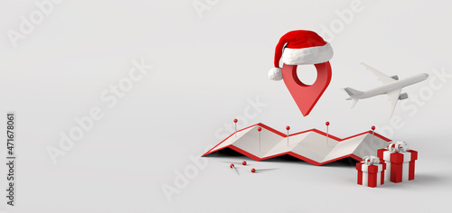 Christmas travel concept with map, pushpin, Santa hat and gifts. 3D illustration. Copy space.