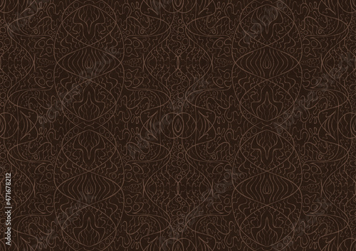 Hand-drawn unique abstract symmetrical seamless ornament. Light semi transparent brown on a dark brown background. Paper texture. Digital artwork, A4. (pattern: p02-2b)