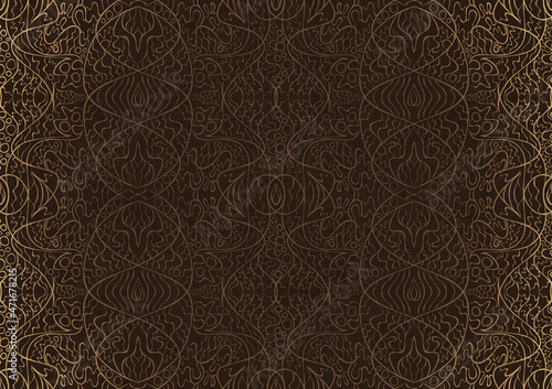 Hand-drawn unique abstract ornament. Light semi transparent brown on a dark brown background, with vignette of same pattern in golden glitter. Paper texture. Digital artwork, A4. (pattern: p02-2b)