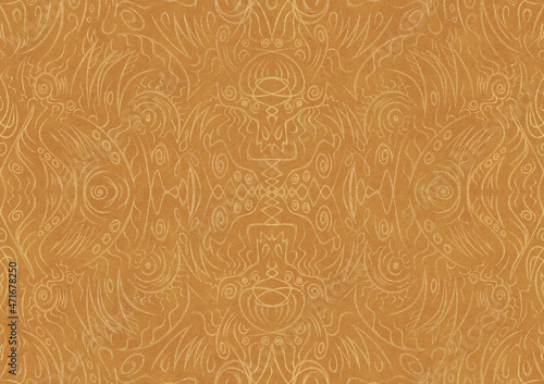 Hand-drawn unique abstract symmetrical seamless gold ornament on a yellow background. Paper texture. Digital artwork, A4. (pattern: p03a)