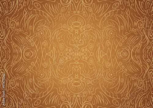 Hand-drawn unique abstract gold ornament on a yellow background, with vignette of darker backgound color and splatters of golden glitter. Paper texture. Digital artwork, A4. (pattern: p03a)