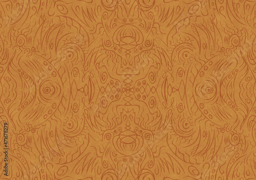 Hand-drawn unique abstract symmetrical seamless ornament. Light red on a yellow background. Paper texture. Digital artwork, A4. (pattern: p03a)