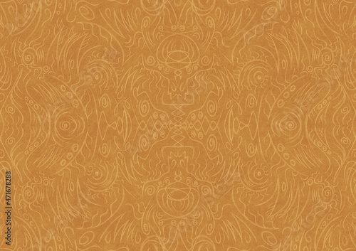 Hand-drawn unique abstract symmetrical seamless ornament. Light yellow on a darker yellow background, paper texture. Digital artwork, A4. (pattern: p03a)