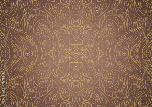 Hand-drawn unique abstract gold ornament on a light brown background, with vignette of darker backgound color and splatters of golden glitter. Paper texture. Digital artwork, A4. (pattern: p03a)