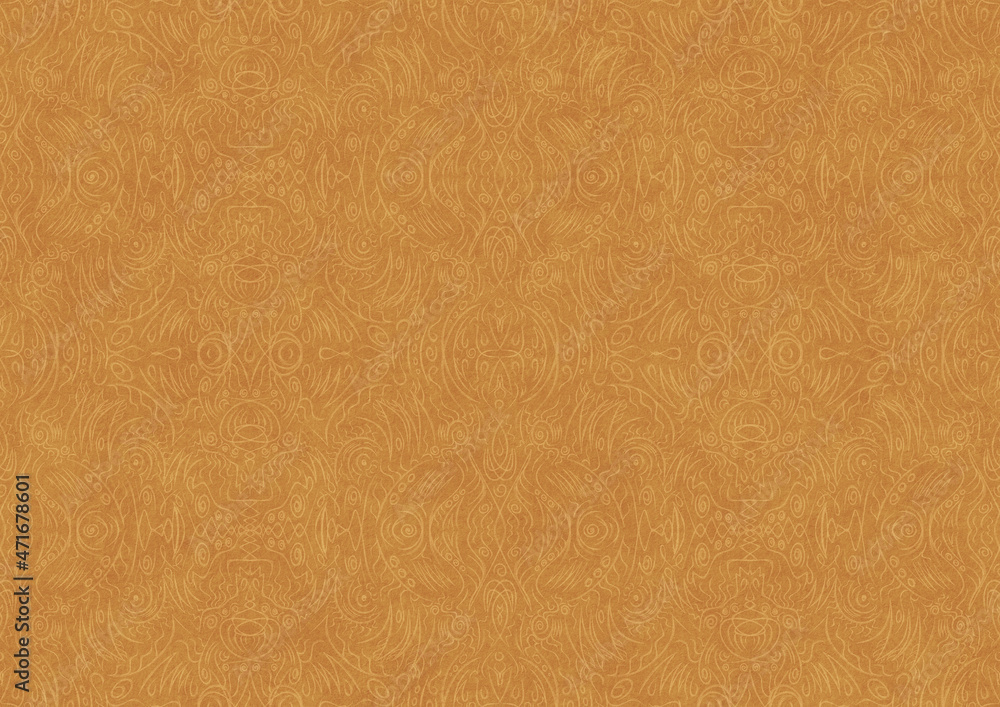 Fototapeta premium Hand-drawn unique abstract symmetrical seamless ornament. Light yellow on a darker yellow background, paper texture. Digital artwork, A4. (pattern: p03b)