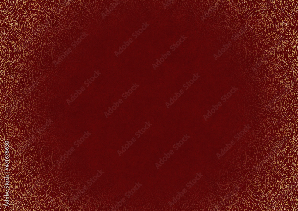 Deep red textured paper with vignette of golden hand-drawn pattern with splatters of golden glitter. Copy space. Digital artwork, A4. (pattern: p03b) Deep red textured paper with vignette of golden hand-drawn pattern with splatters of golden glitter. Copy space. Digital artwork, A4. (pattern: p03b)