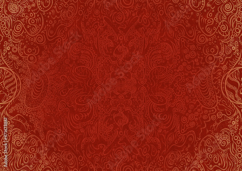 Hand-drawn unique abstract ornament. Light red on a bright red background, with vignette of same pattern in golden glitter. Paper texture. Digital artwork, A4. (pattern: p04a)