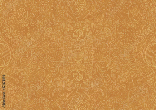 Hand-drawn unique abstract symmetrical seamless gold ornament on a yellow background. Paper texture. Digital artwork, A4. (pattern: p04a)