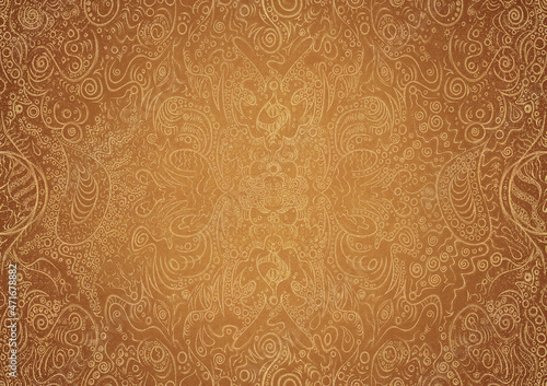 Hand-drawn unique abstract gold ornament on a yellow background, with vignette of darker backgound color and splatters of golden glitter. Paper texture. Digital artwork, A4. (pattern: p04a)
