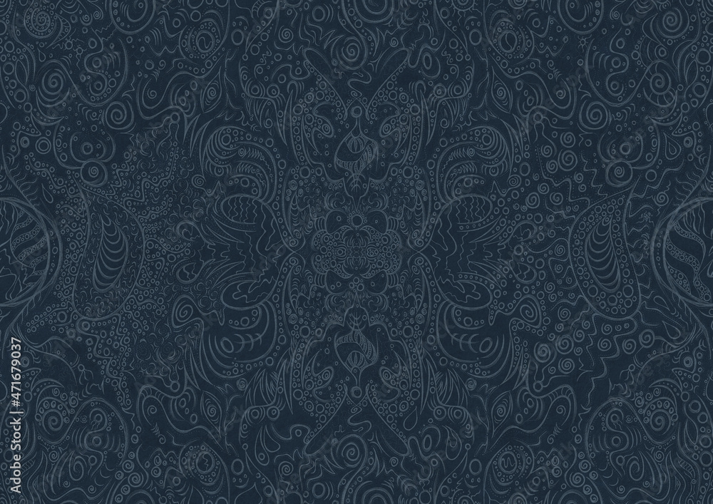 Hand-drawn unique abstract symmetrical seamless ornament. Light blue on a deep blue background. Paper texture. Digital artwork, A4. (pattern: p04a) Hand-drawn unique abstract symmetrical seamless ornament. Light blue on a deep blue background. Paper texture. Digital artwork, A4. (pattern: p04a)