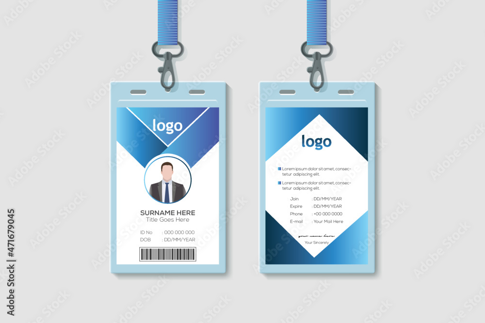 Simple Business Office Vertical Double-sided Blue ID Card Design Template. Flat Identity Card Design Vector Illustration Simple Business Office Vertical Double-sided Blue ID Card Design Template. Flat Identity Card Design Vector Illustration