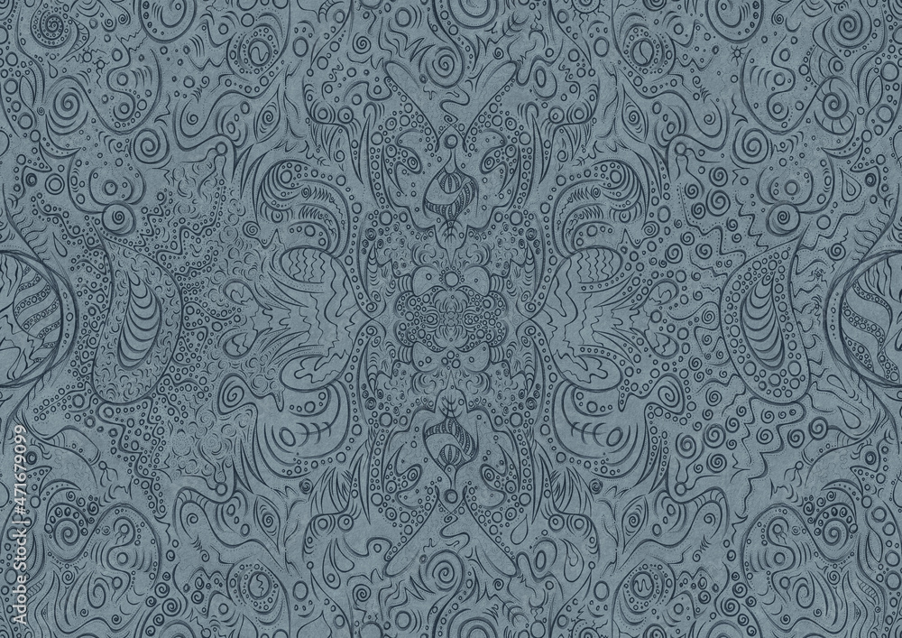 Hand-drawn unique abstract symmetrical seamless ornament. Dark blue on a light blue background. Paper texture. Digital artwork, A4. (pattern: p04a) Hand-drawn unique abstract symmetrical seamless ornament. Dark blue on a light blue background. Paper texture. Digital artwork, A4. (pattern: p04a)