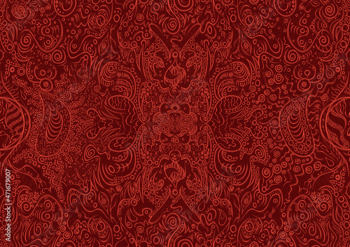 Hand-drawn unique abstract symmetrical seamless ornament. Bright red on a deep red background. Paper texture. Digital artwork, A4. (pattern: p04a)
