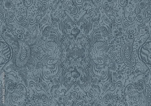 Hand-drawn unique abstract symmetrical seamless ornament. Dark blue on a light blue background. Paper texture. Digital artwork, A4. (pattern: p04a)