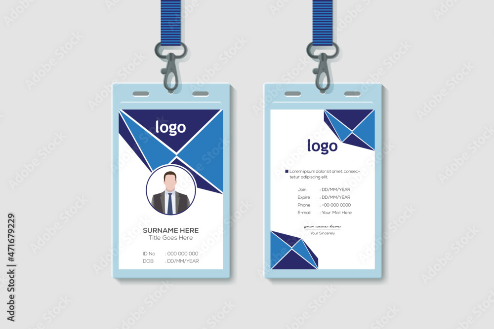 Simple Business Office Vertical Double-sided Blue ID Card Design Template. Flat Identity Card Design Vector Illustration Simple Business Office Vertical Double-sided Blue ID Card Design Template. Flat Identity Card Design Vector Illustration
