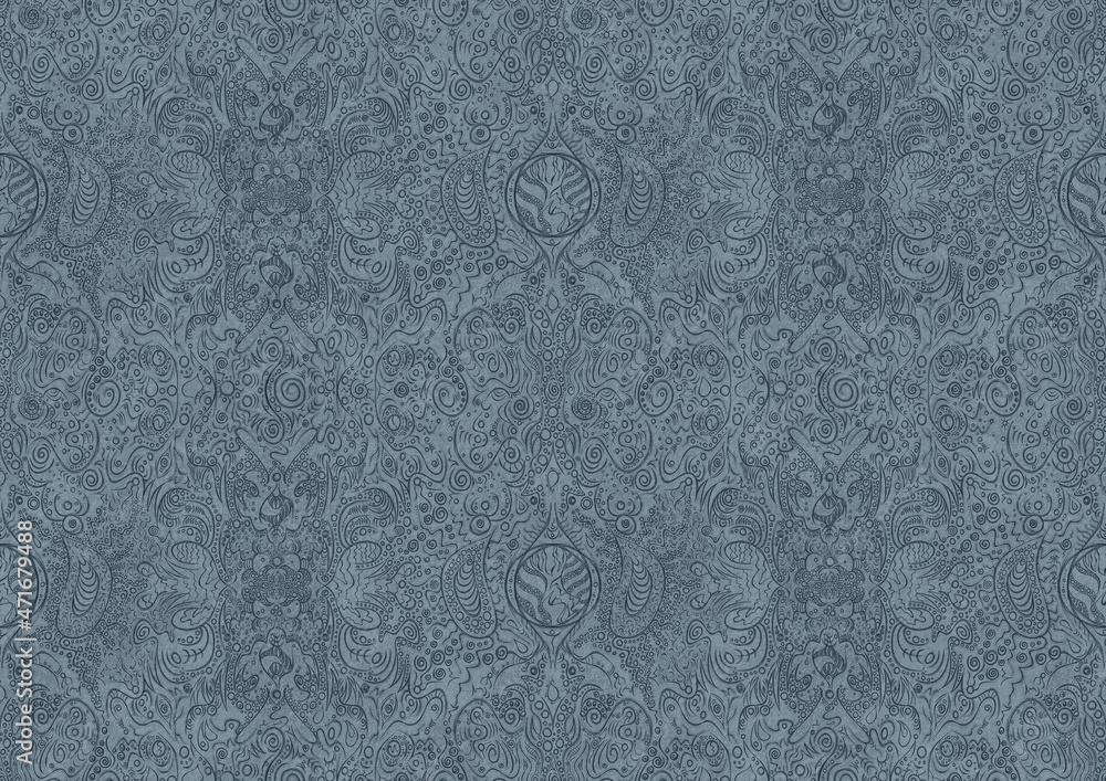 Hand-drawn unique abstract symmetrical seamless ornament. Dark blue on a light blue background. Paper texture. Digital artwork, A4. (pattern: p04b)