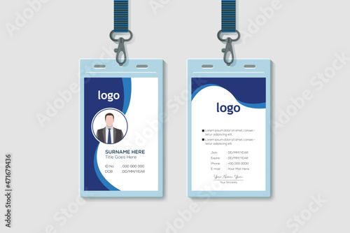 Modern Clean Vertical Double-sided Waves Style Blue Color ID Cards For Company Stuff. Flat Design Vector Illustration