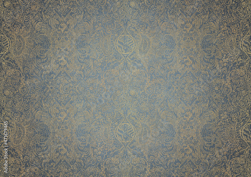 Hand-drawn unique abstract gold ornament on a light blue background, with vignette of darker backgound color and golden glittery sparks. Paper texture. Digital artwork, A4. (pattern: p04b)