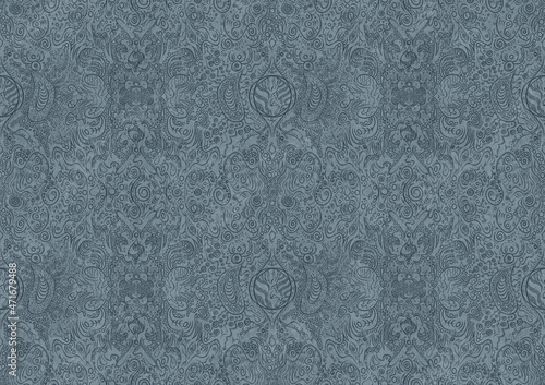 Hand-drawn unique abstract symmetrical seamless ornament. Dark blue on a light blue background. Paper texture. Digital artwork, A4. (pattern: p04b)