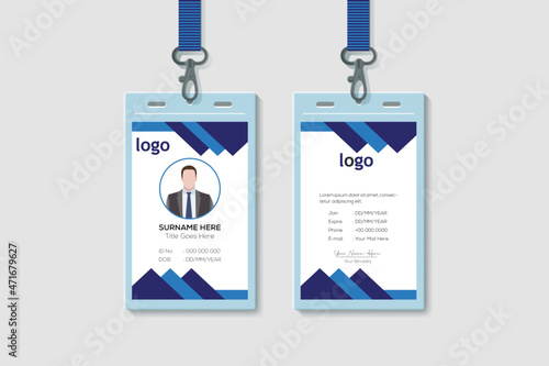 Simple Business  Office Vertical Double-sided Blue ID Card Design Template. Flat Identity Card Design Vector Illustration