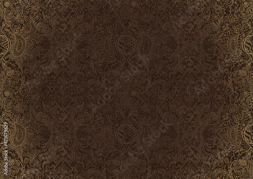 Hand-drawn unique abstract ornament. Light semi transparent brown on a dark brown background, with vignette of same pattern in golden glitter. Paper texture. Digital artwork, A4. (pattern: p04b)