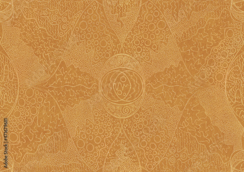 Hand-drawn unique abstract symmetrical seamless gold ornament on a yellow background. Paper texture. Digital artwork, A4. (pattern: p05a)