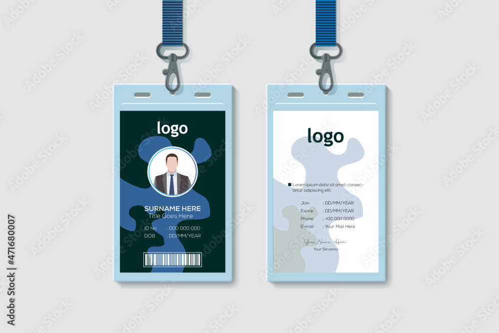 Modern Clean Vertical Double-sided Waves Style Blue Color ID Cards For Company Stuff. Flat Design Vector Illustration Modern Clean Vertical Double-sided Waves Style Blue Color ID Cards For Company Stuff. Flat Design Vector Illustration