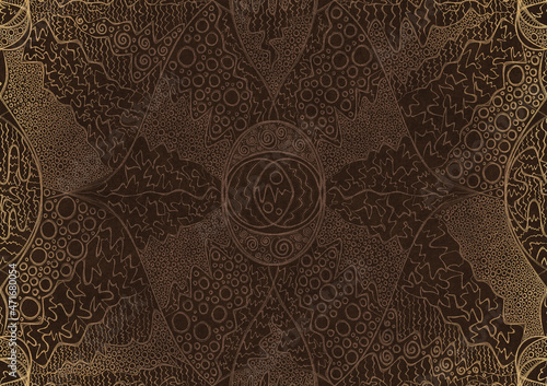 Hand-drawn unique abstract ornament. Light semi transparent brown on a dark brown background, with vignette of same pattern in golden glitter. Paper texture. Digital artwork, A4. (pattern: p05a)