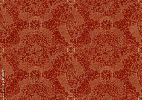 Hand-drawn unique abstract symmetrical seamless gold ornament on a bright red background. Paper texture. Digital artwork, A4. (pattern: p05b)