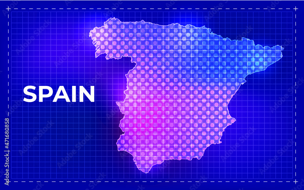 Spain Digital Map with glowing Dots and Technology background Spain Digital Map with glowing Dots and Technology background