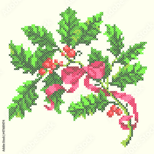 embroidery christmas holly branch