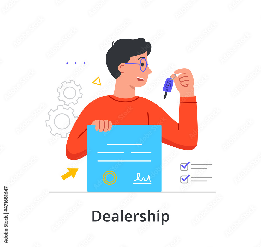Dealer center employee concept. Metaphor of dealership, agreement, official license and intellectual property. Young man holding keys and official signed document. Cartoon flat vector illustration