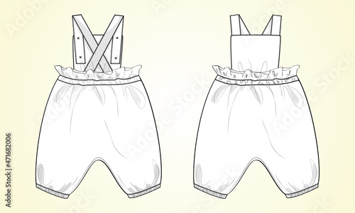 Kids Dungaree Dress Design Technical Fashion Flat Sketch Vector illustration Template Front And Back views. Apparel Drawing Mock up Baby girls Tops Unisex Cad.