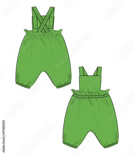 Kids Dungaree Dress Design Technical Fashion Flat Sketch Vector illustration Template Front And Back views. Apparel Drawing  Green Color Mock up Baby girls Tops Unisex Cad. 