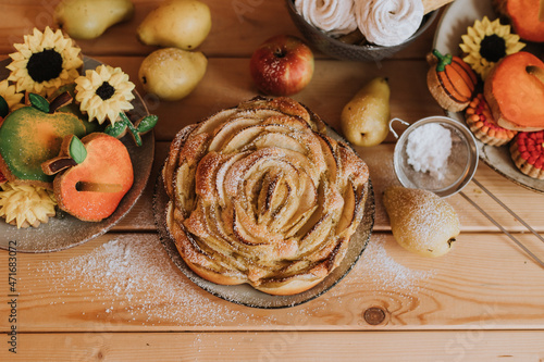 Wallpaper Mural homemade cakes, sweets and fruits are on the wooden kitchen table. waffles, marshmallows, marmalade, cookies, gingerbread, apple pie. High quality photo Torontodigital.ca