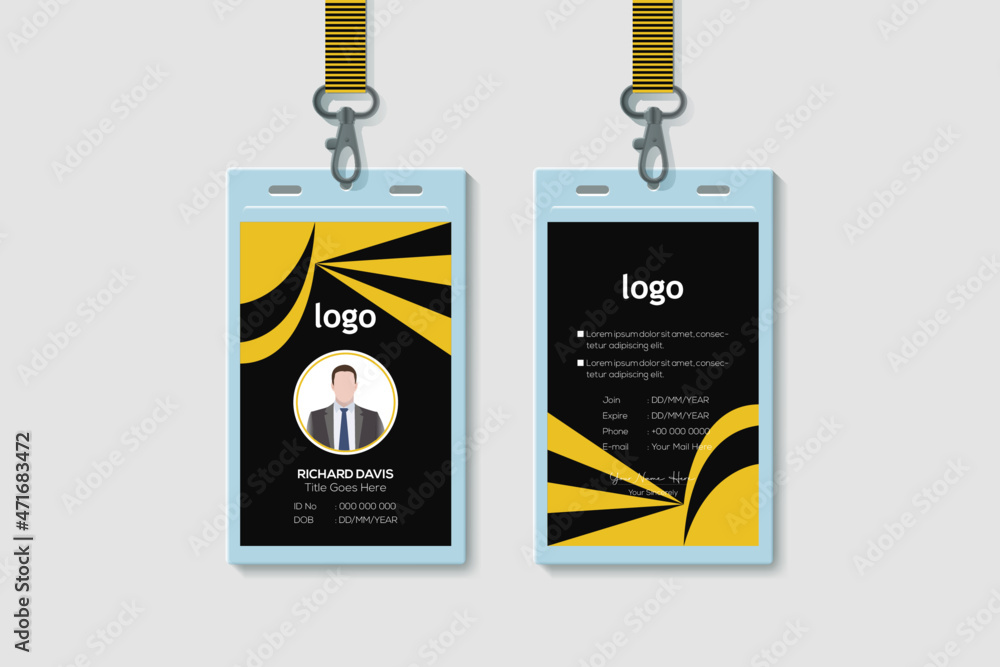 Abstract Waves ID Card Template. Vertical Double-sided Multipurpose For Company Stuff Identity Card Design Orange and Blue Color. Vector Illustration Abstract Waves ID Card Template. Vertical Double-sided Multipurpose For Company Stuff Identity Card Design Orange and Blue Color. Vector Illustration