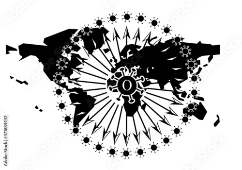 Expansión de la  variante sudafricana  en todo el mundo con el símbolo de la o y sus mutaciones