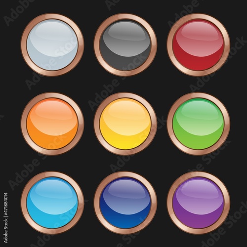 Set of bright blank buttons. Metalic frames for skills or elements of user interface for mobile games