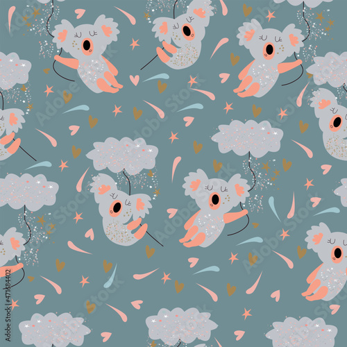 Seamless childish pattern with cute koala baby . Creative scandinavian kids texture for fabric, wrapping, textile, wallpaper, apparel. Vector illustration.