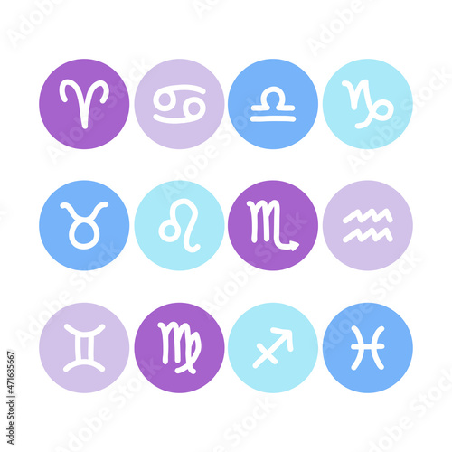 Set with 12 doodle zodiac signs with purple and blue circles