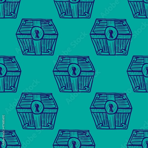 seamless pattern of  hand drawned  chest on turquoise background