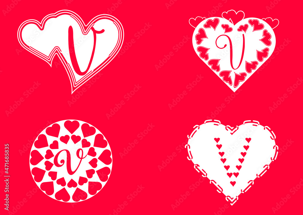 V letter logo with love icon, valentines day design template